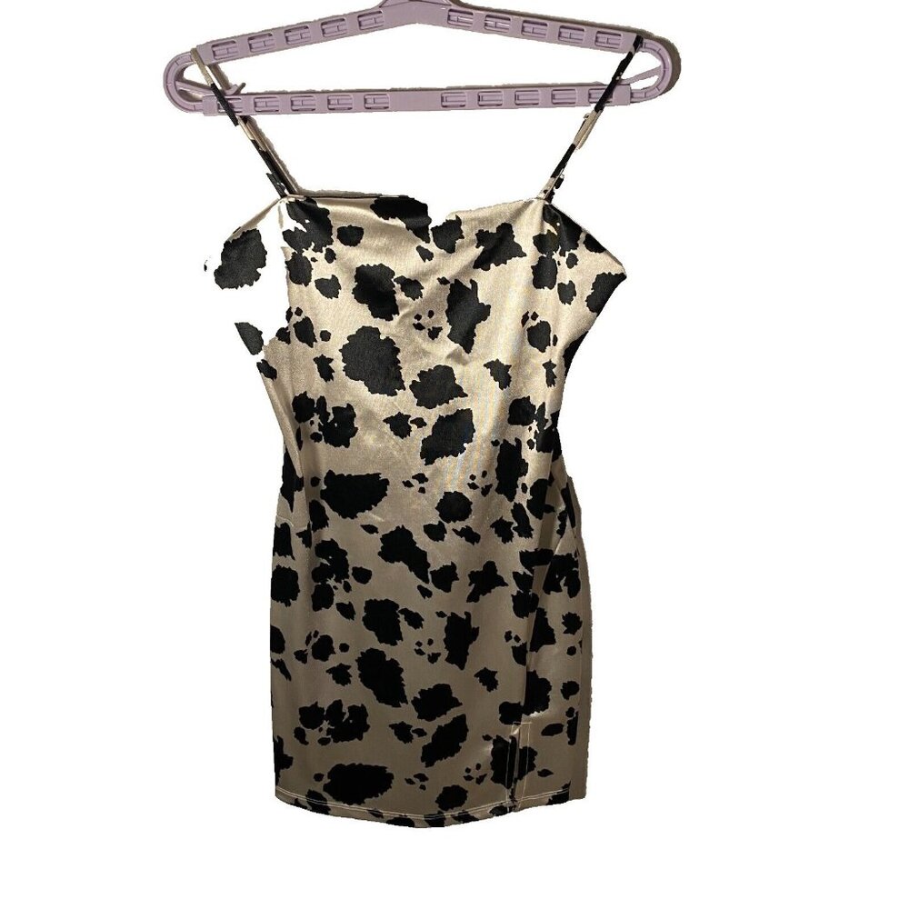 Thirty Thirty Satin‎ Cow Print Slit Adjustable Strap Bodycon Mini Dress Size S